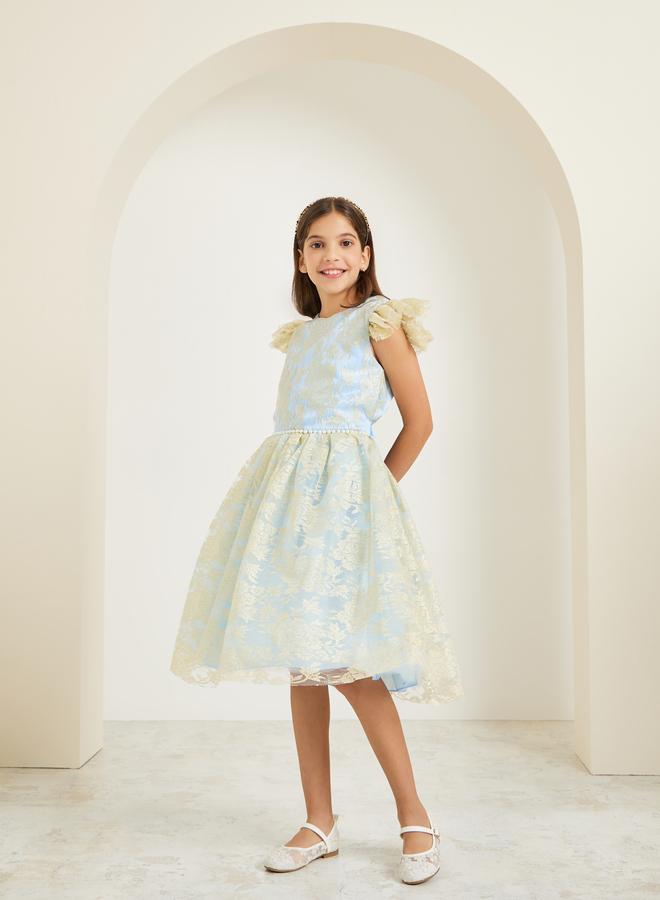 Styli Girls Light Blue Floral Mesh Detail A-Line Dress - Image 1